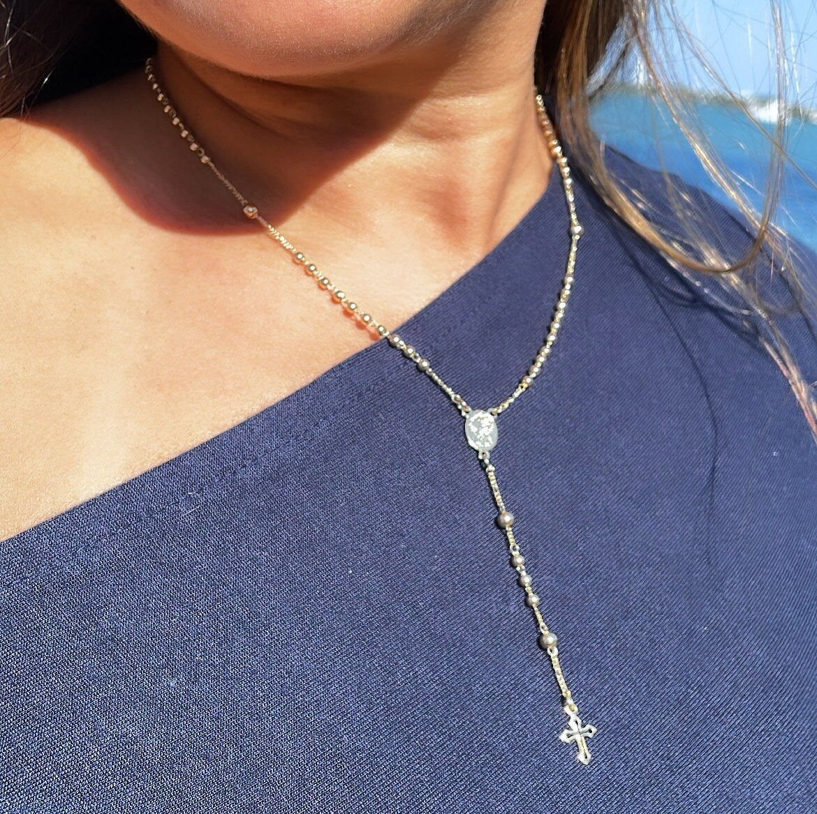 18k Gold Filled 3mm beaded Rosary with small round Virgin Mary Medal and Tiny cross