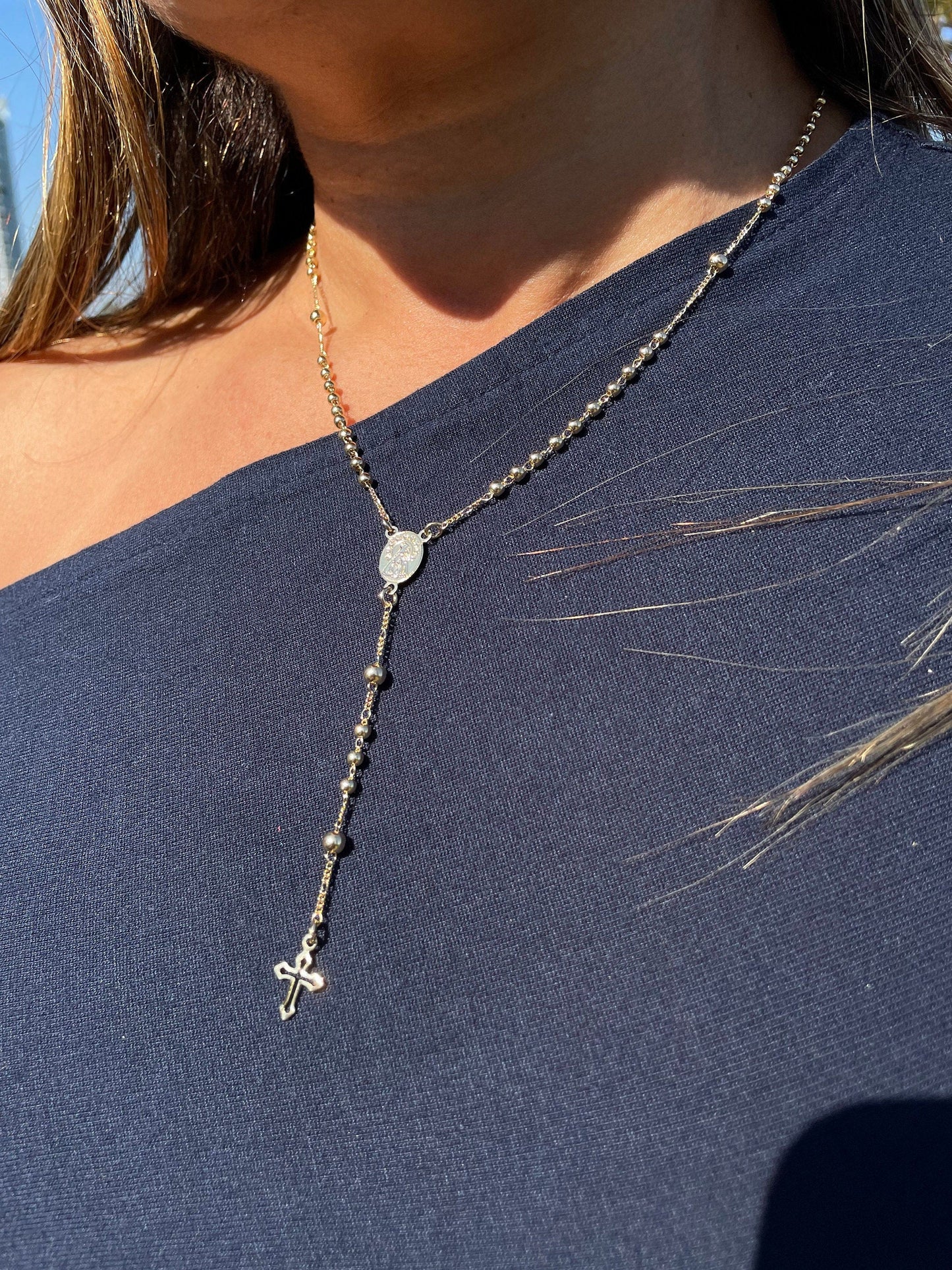 18k Gold Filled 3mm beaded Rosary with small round Virgin Mary Medal and Tiny cross