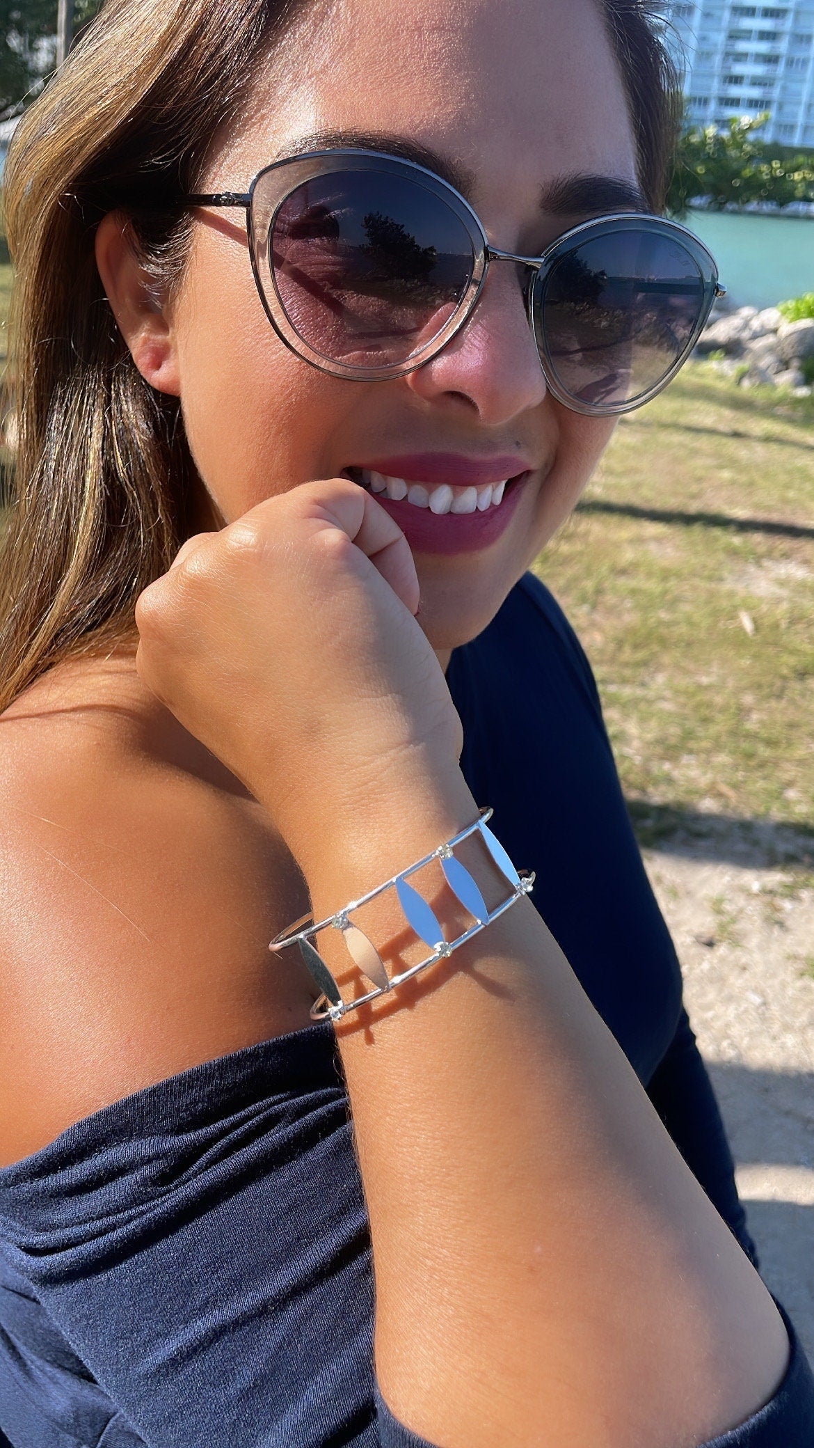 18k Silver Filled See Through Bangle Bracelet, Patterned With Silver Pieces & Zirconia