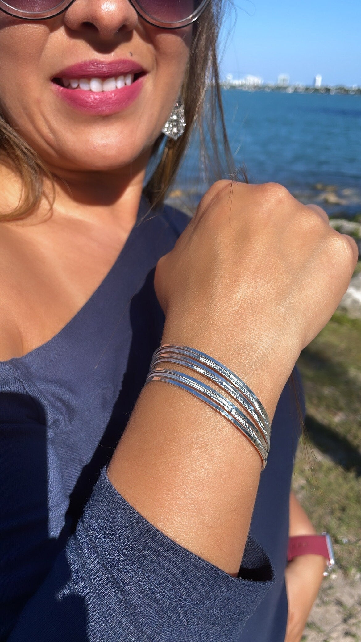 18k Silver Filled Silver Bangle Bracelet With Smooth and Textured Thin Layers