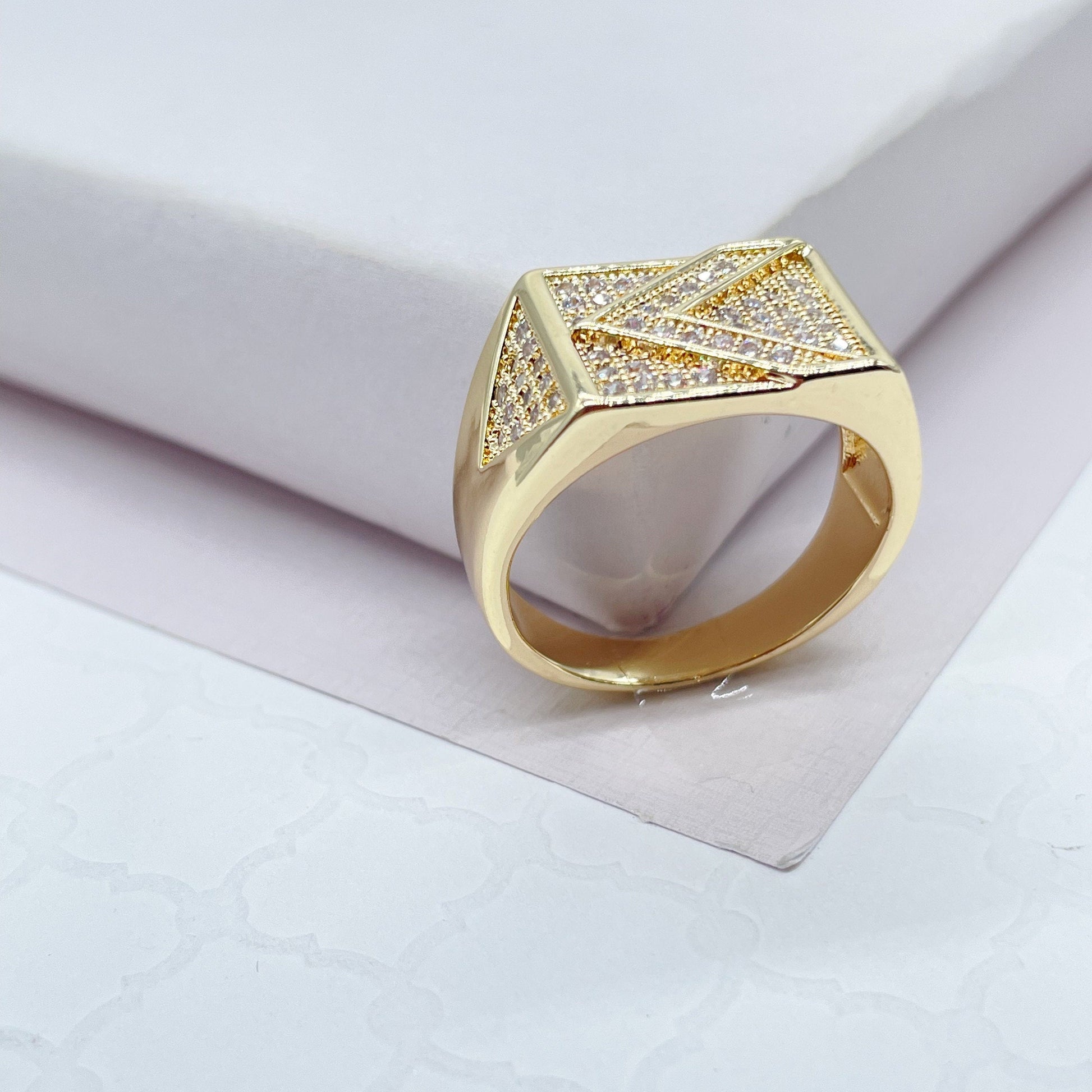 18k Gold Filled Mens Ring Patterned With Arrow Symbol With Pave Stones