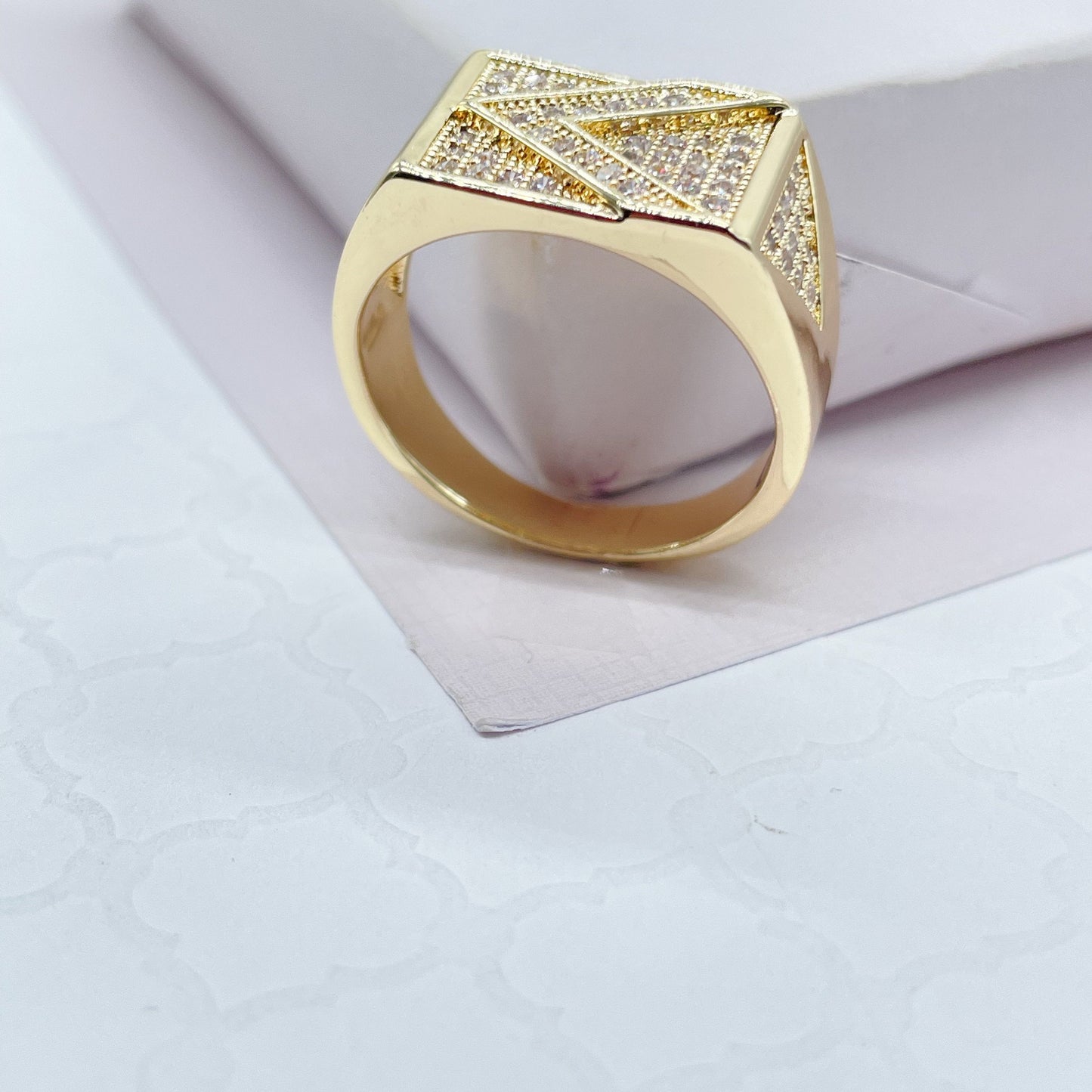 18k Gold Filled Mens Ring Patterned With Arrow Symbol With Pave Stones