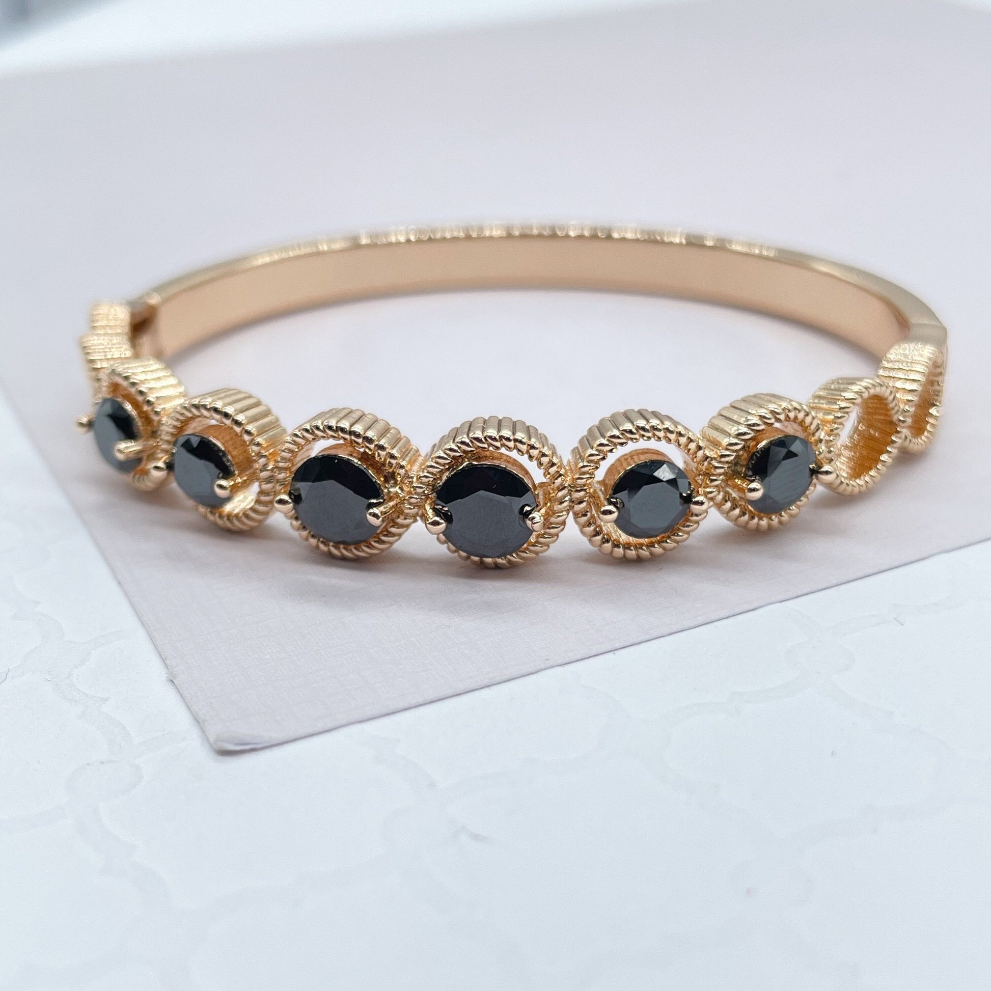 18k Gold Filled Cuff Bracelet Crowned With Black Stones