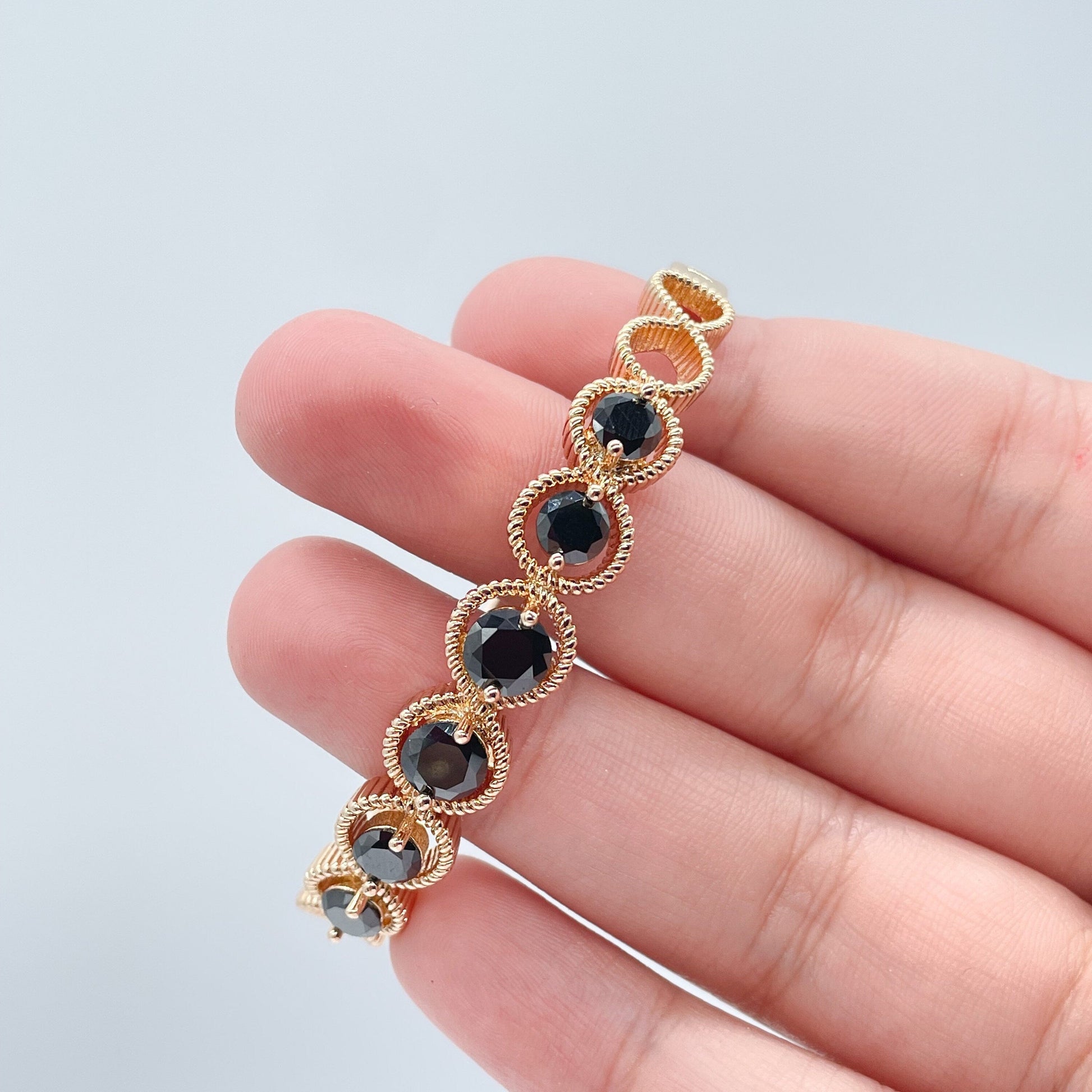 18k Gold Filled Cuff Bracelet Crowned With Black Stones