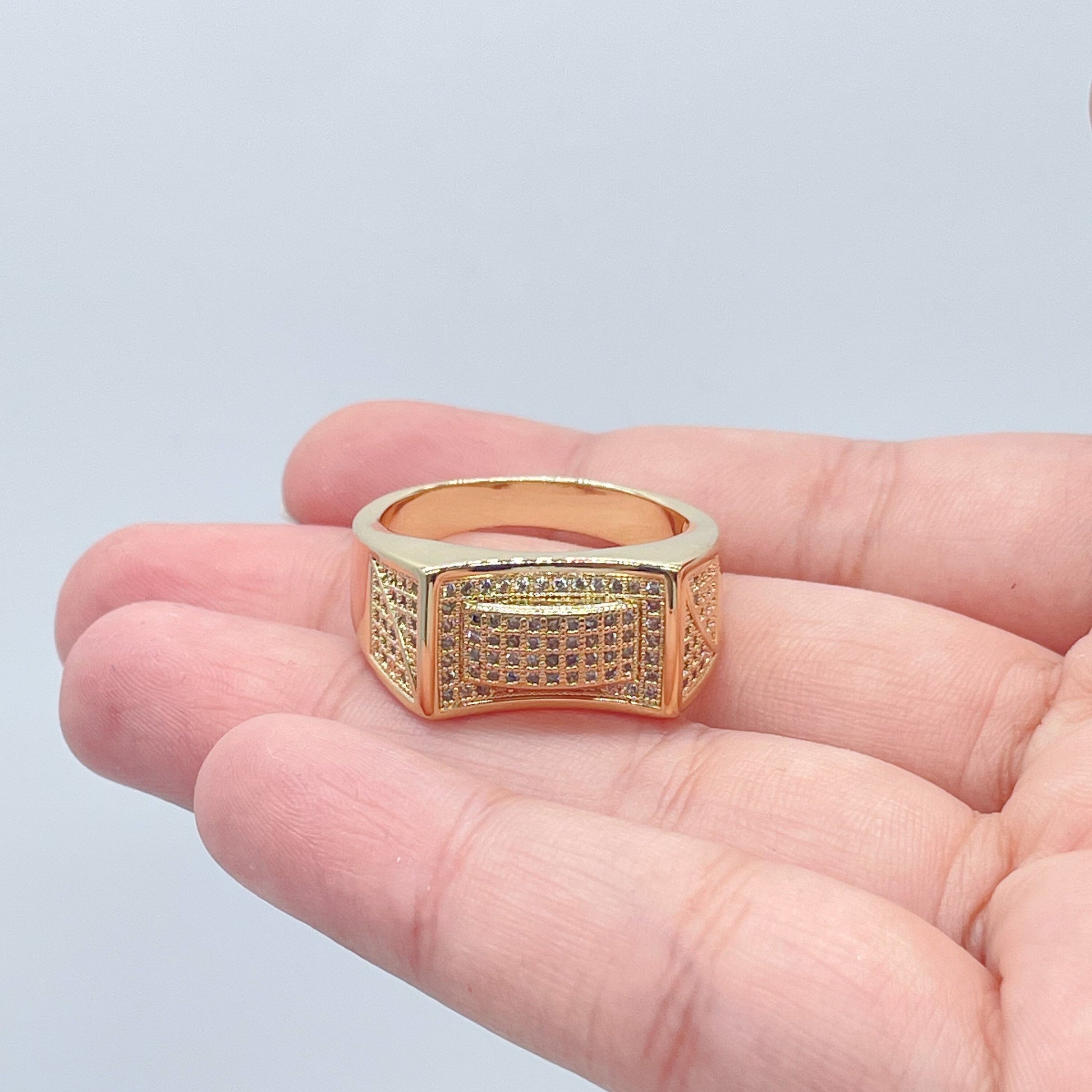 18k Gold Filled 3D Geometric Ring With Pave Zircon Stones
