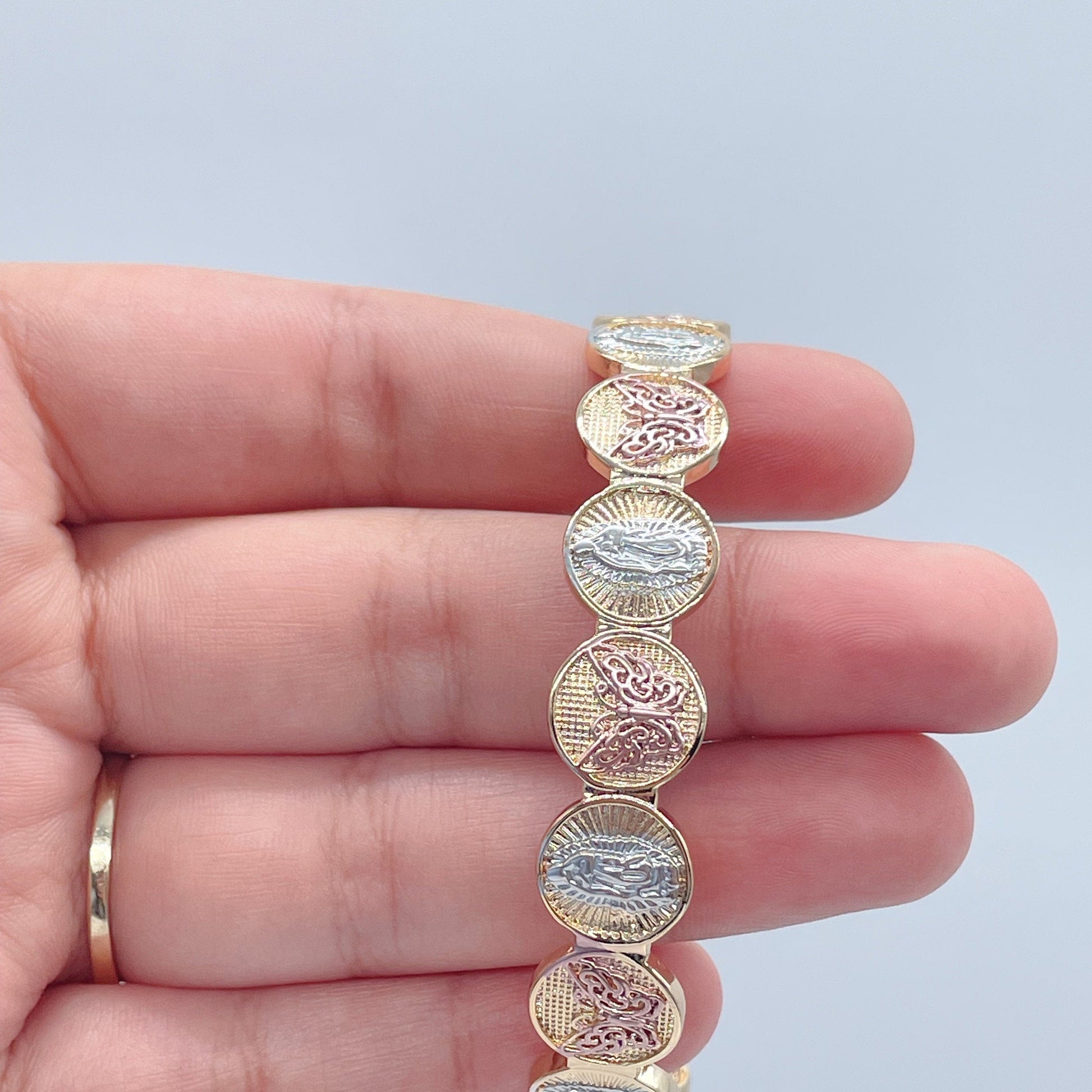 18k Gold Filled Beaded Bangle Bracelet Patterned With Virgin Mary and Butterfly