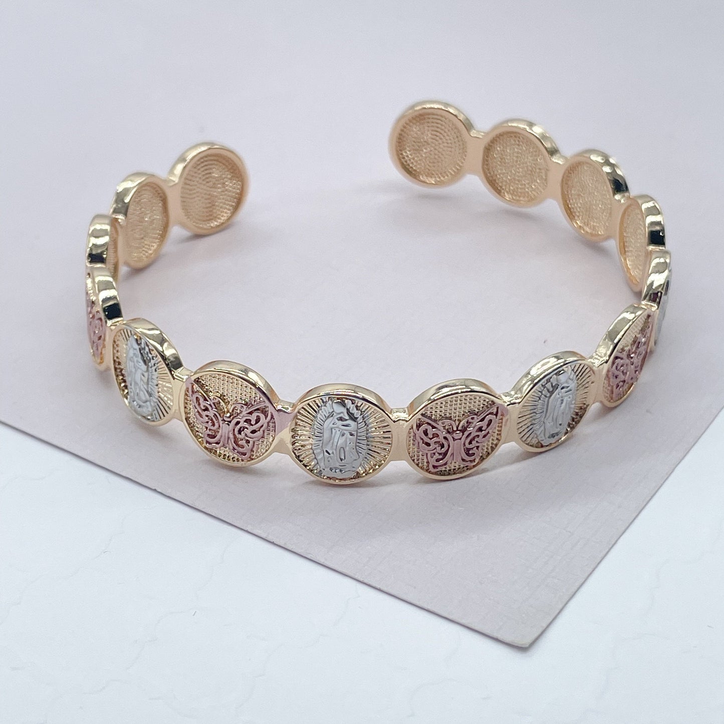 18k Gold Filled Beaded Bangle Bracelet Patterned With Virgin Mary and Butterfly