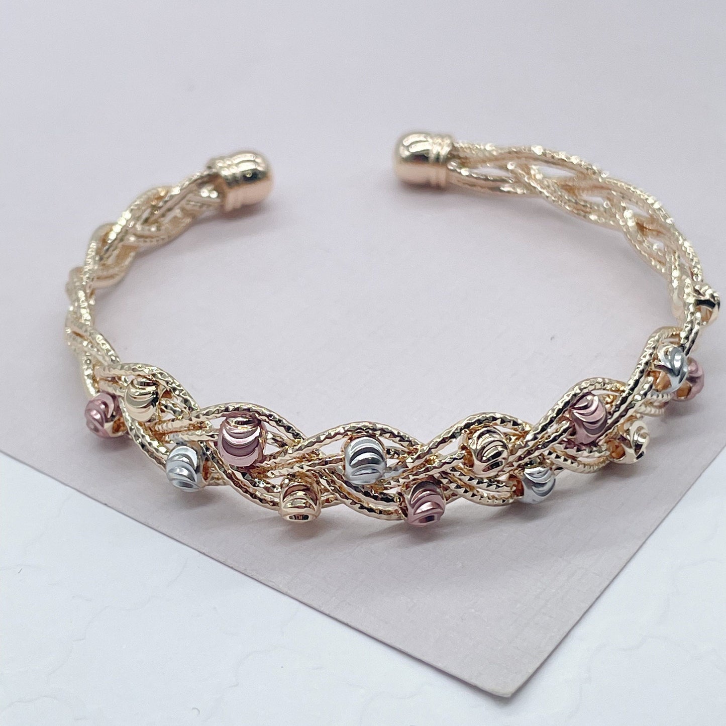 18k Gold Filled Tri-Color Open Ended Braided Bangles With Beads