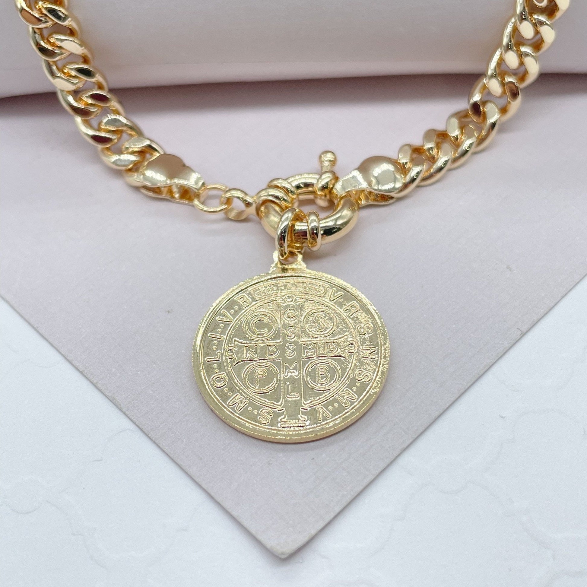 18k Gold Filled Cuban Link Choker: St Benedict Charm