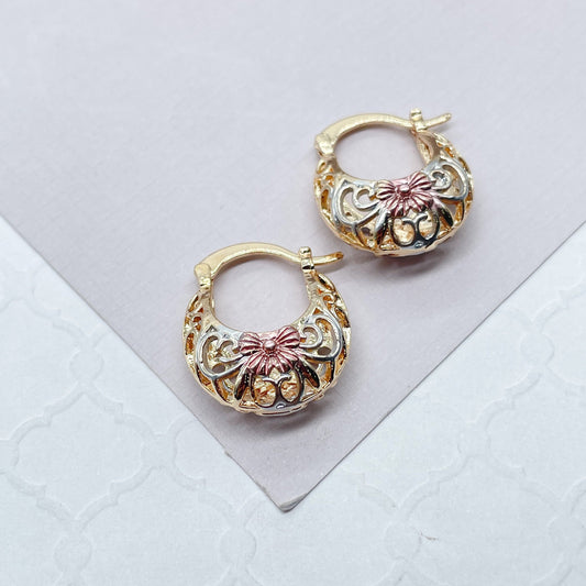 18k Gold Filled Tri-Colored Thick Open Hollow Hoop Earrings With Floral Design