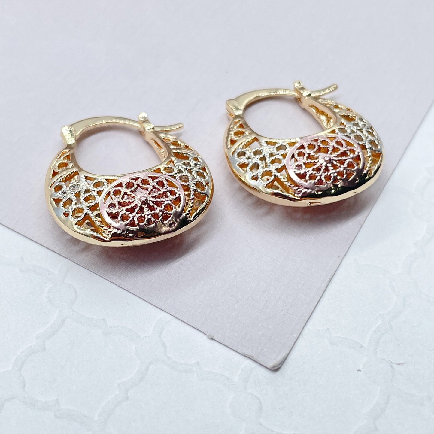 18k Gold Filled Tri-Colored Hollow Big Sized Hoops With See-Through Designs