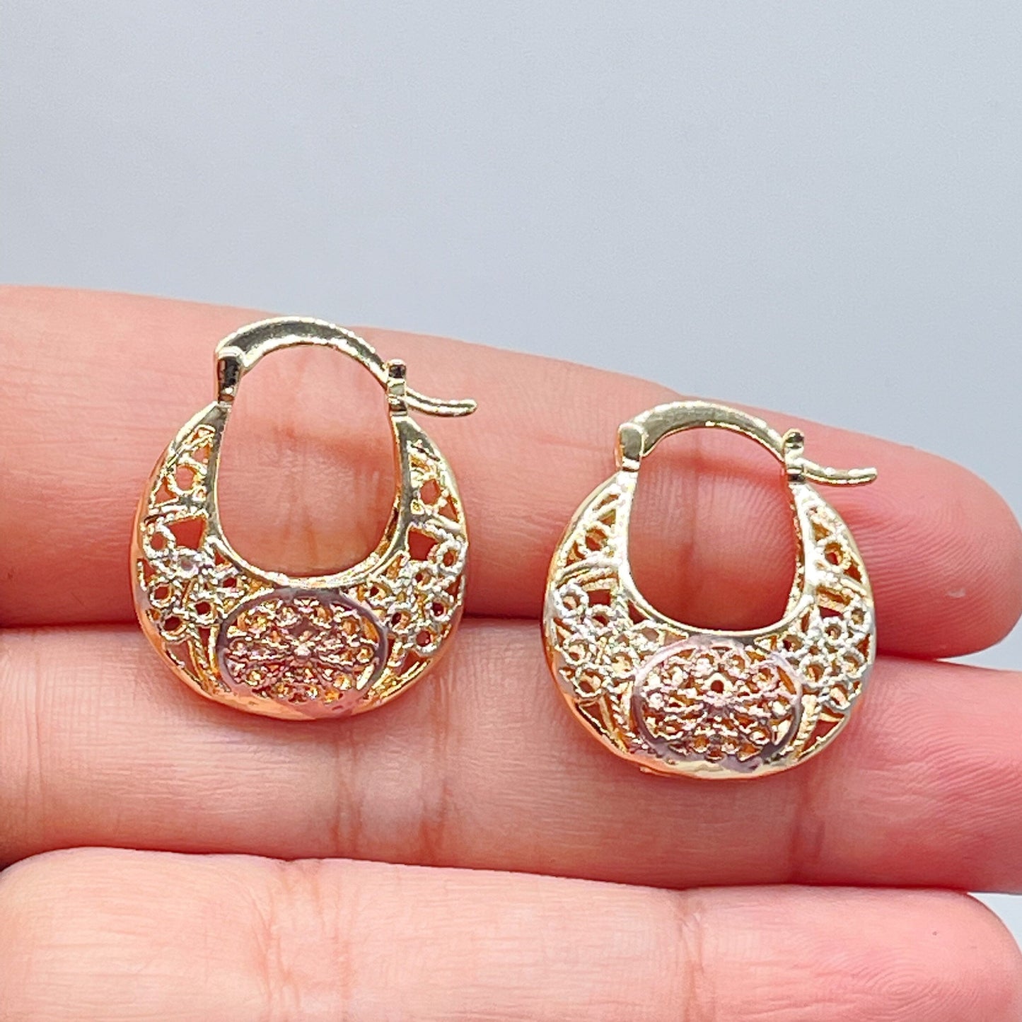18k Gold Filled Tri-Colored Hollow Big Sized Hoops With See-Through Designs