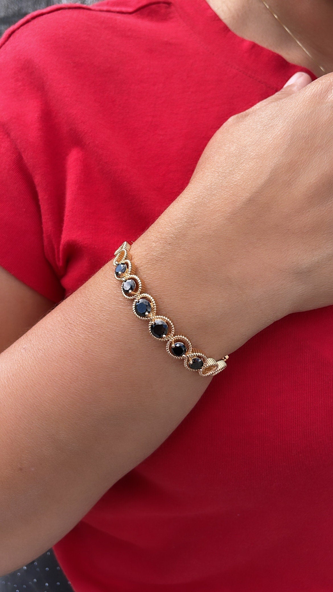 18k Gold Filled Cuff Bracelet Crowned With Black Stones