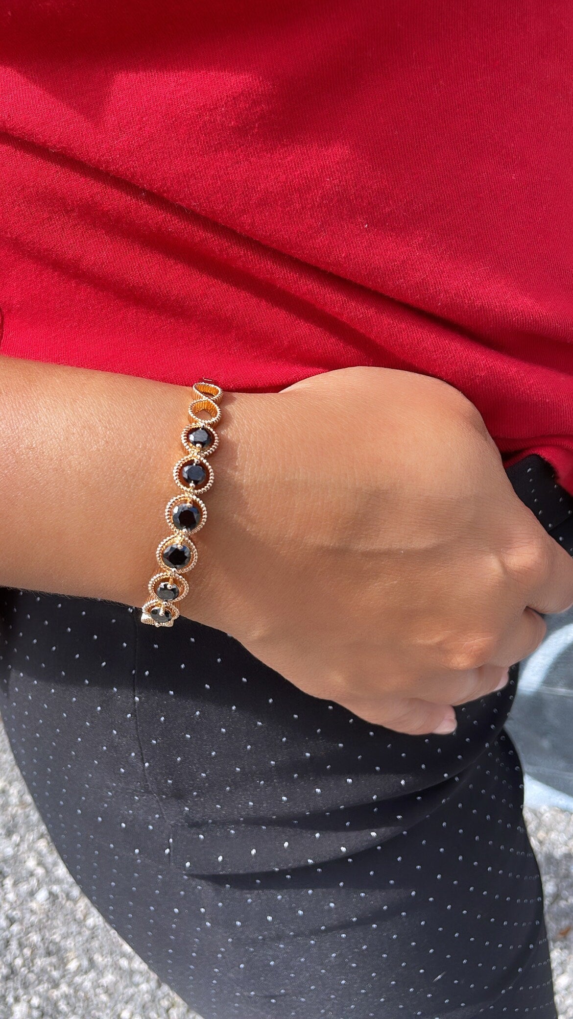 18k Gold Filled Cuff Bracelet Crowned With Black Stones