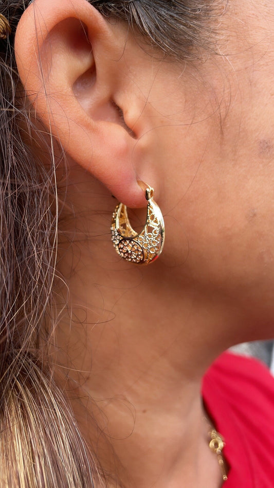 18k Gold Filled Tri-Colored Hollow Big Sized Hoops With See-Through Designs