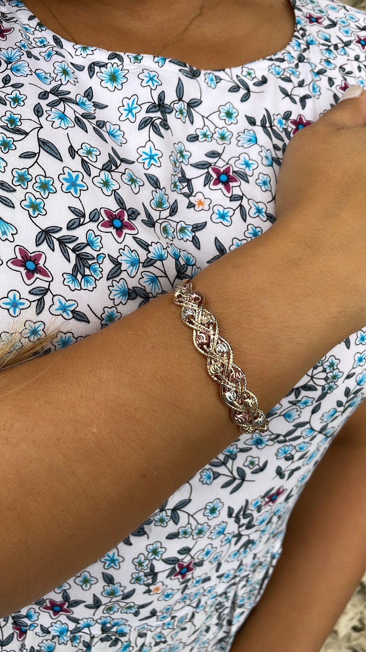 18k Gold Filled Tri-Color Open Ended Braided Bangles With Beads