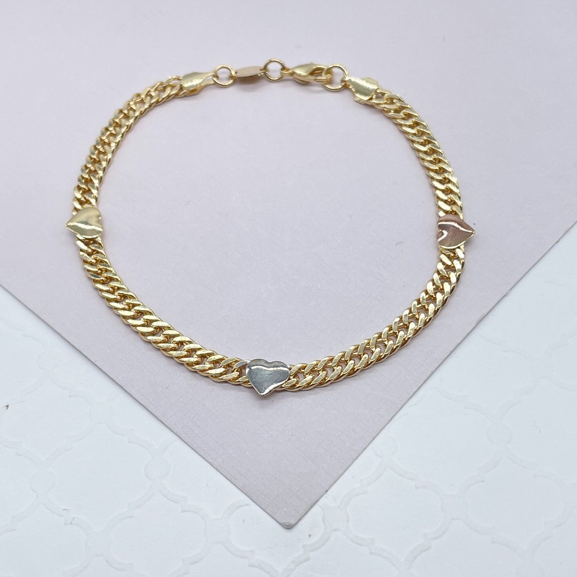 18k Gold Filled Cuban Chain Link Bracelets With Hearts Engraved To It