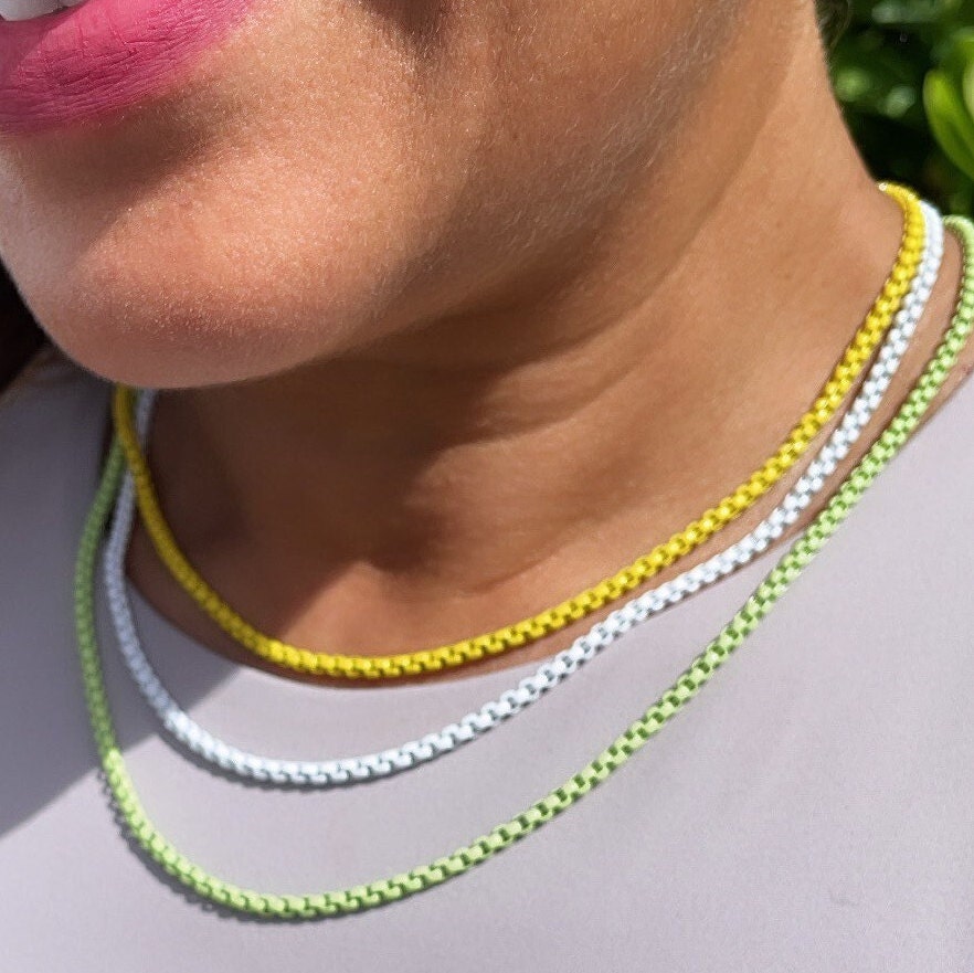 18k Gold Filled 3mm Colorful Enamel Box Chain Multicolor Necklace