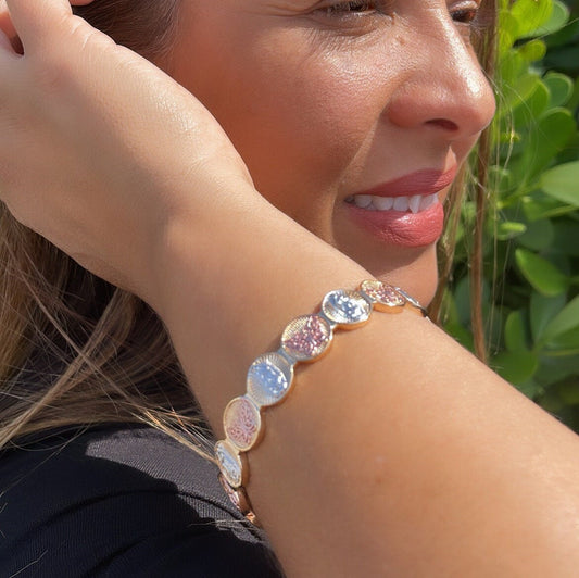 18k Gold Filled Beaded Bangle Bracelet Patterned With Virgin Mary and Butterfly