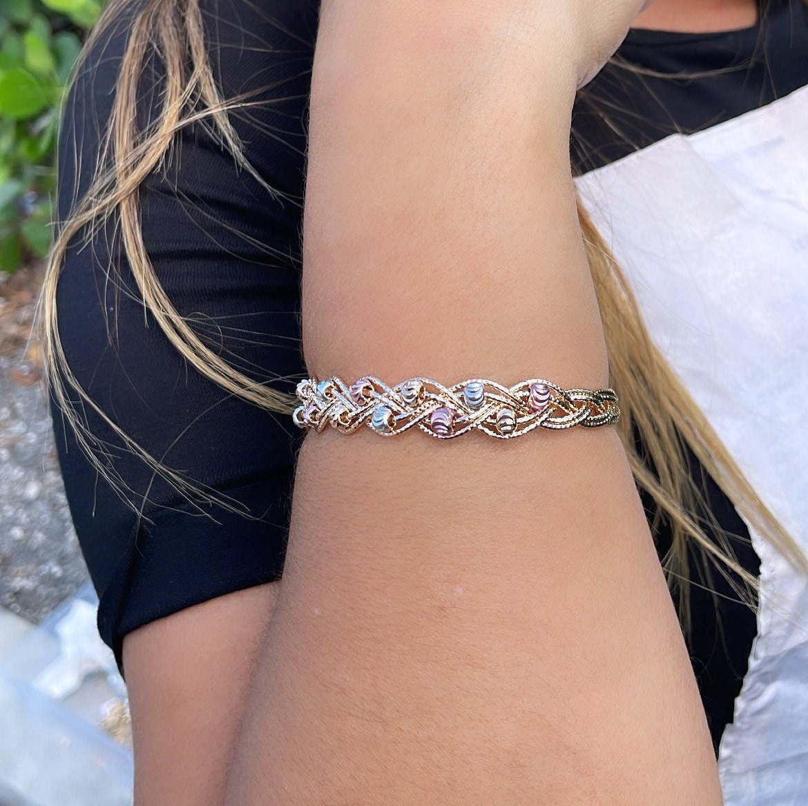 18k Gold Filled Tri-Color Open Ended Braided Bangles With Beads