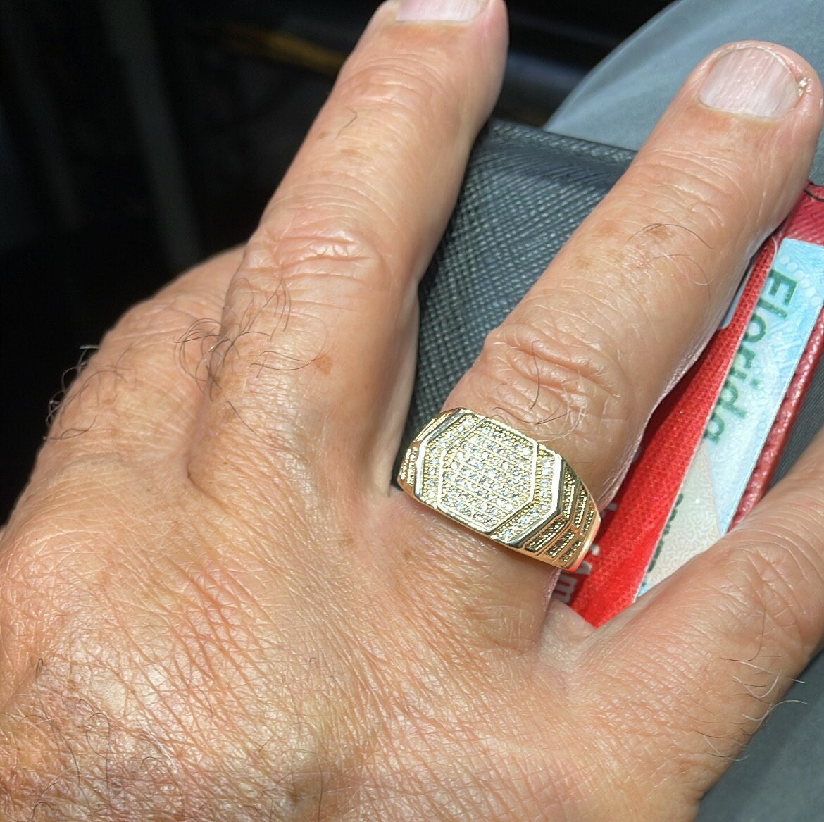 18k Gold Filled Hexagon Patterned Ring With Pave Stones