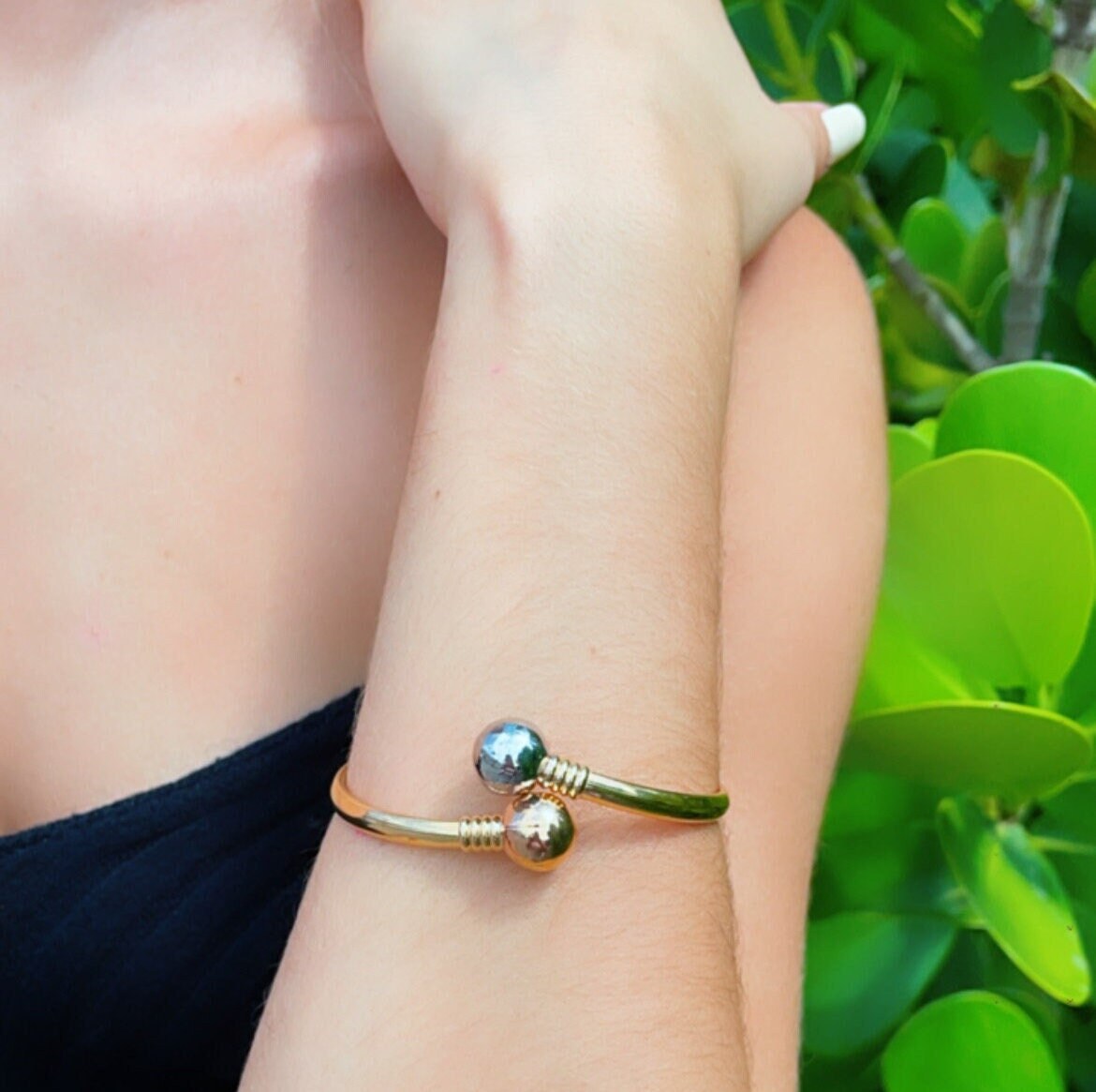 18k Gold Filled Two Ball Plain Tricolor Bangle Bracelet Jewelry