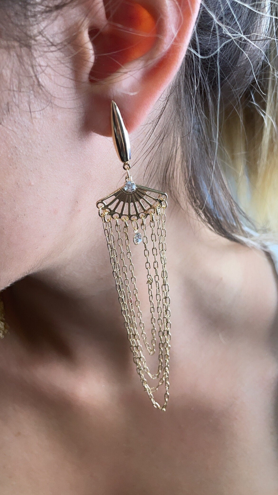 Very Long 18k Gold Filled Light Chandelier Dangling Earrings In a Pape Clip Thin Chain Featuring Cubic Zirconia Details