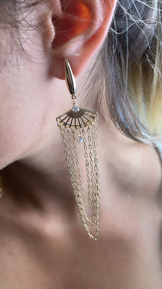 Very Long 18k Gold Filled Light Chandelier Dangling Earrings In a Pape Clip Thin Chain Featuring Cubic Zirconia Details