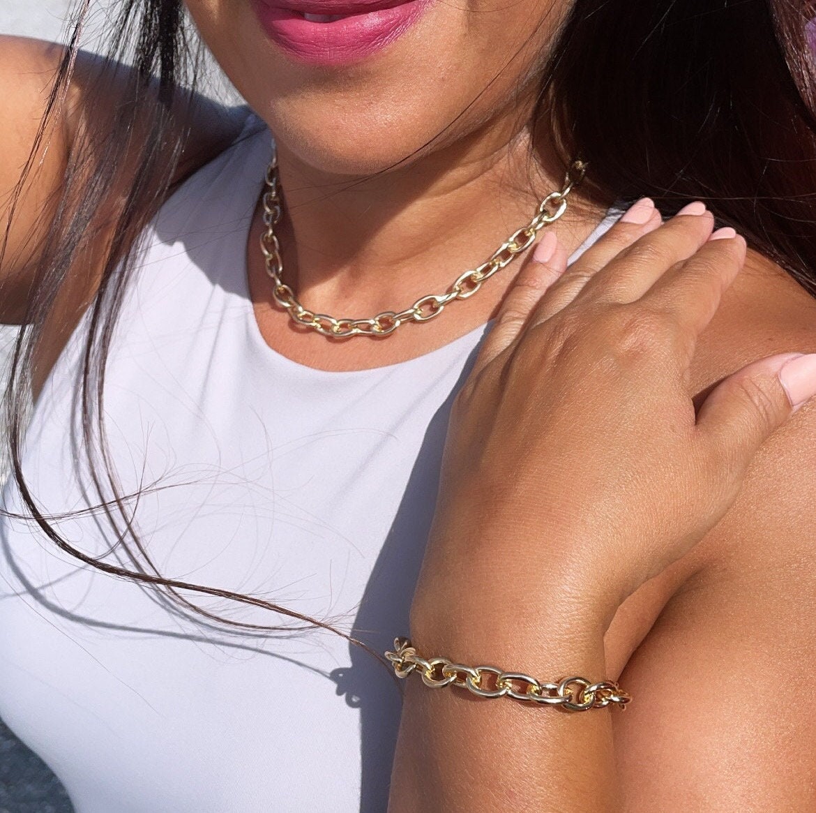 18k Gold Filled Chunky Link Necklace Bracelet Set