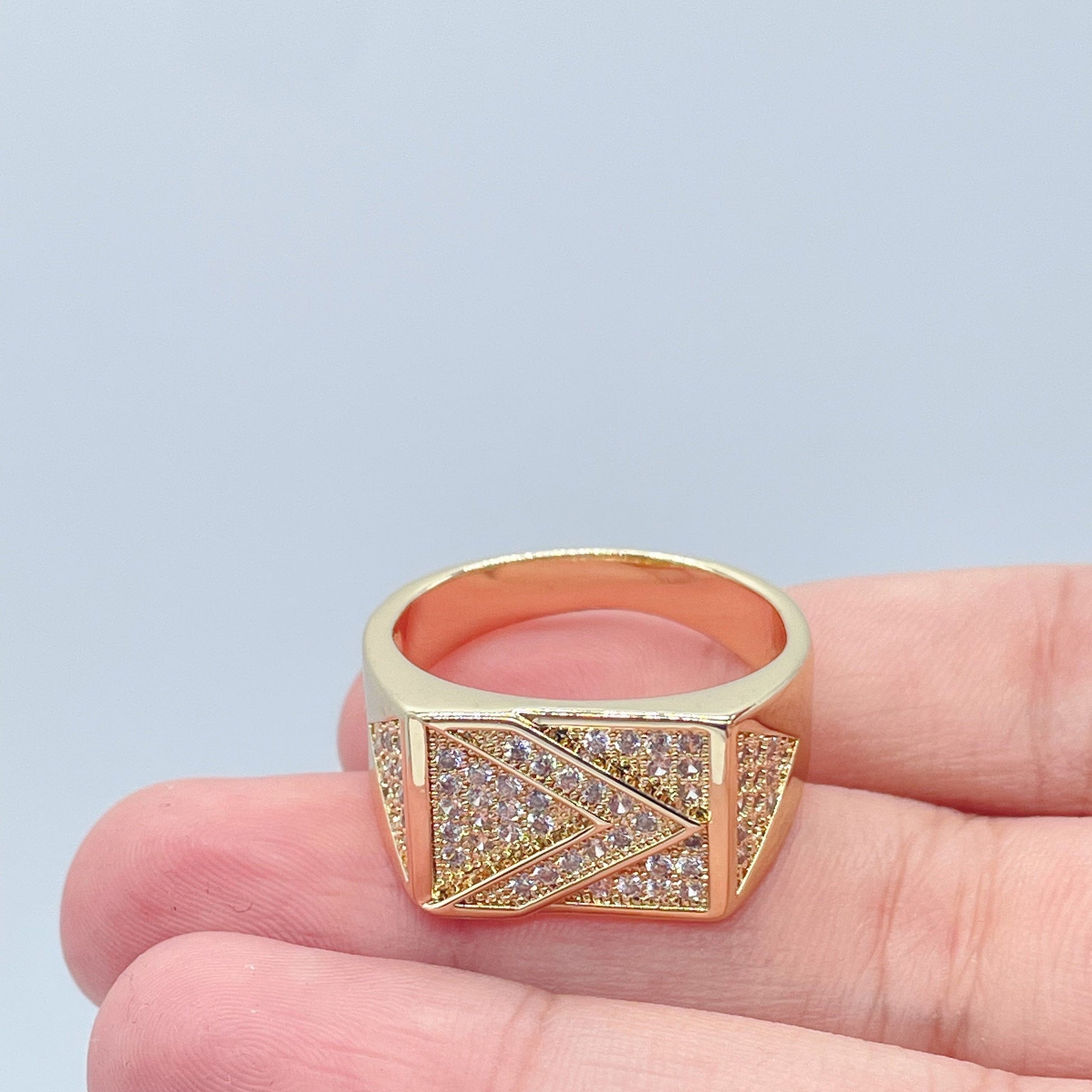 18k Gold Filled Mens Ring Patterned With Arrow Symbol With Pave Stones
