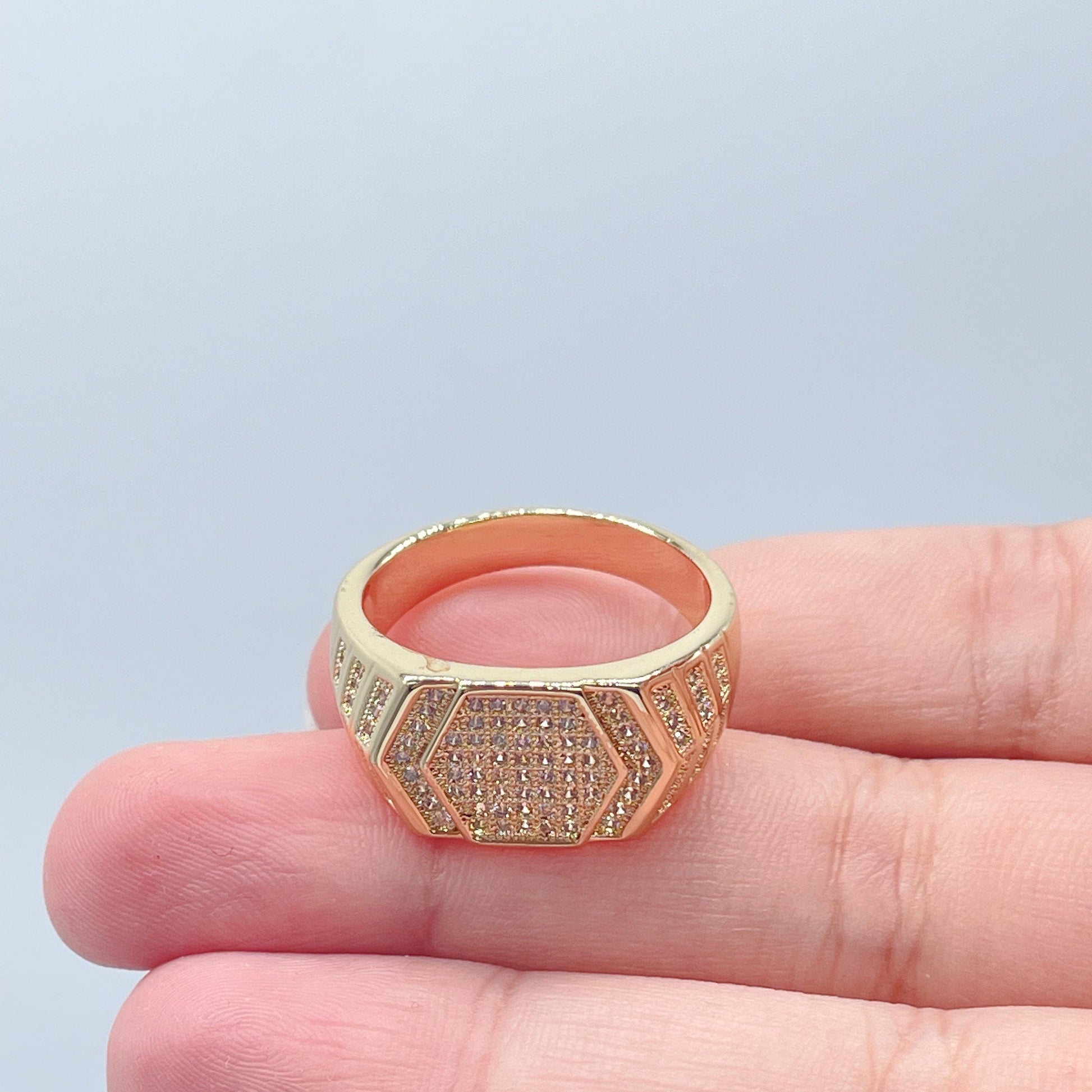 18k Gold Filled Hexagon Patterned Ring With Pave Stones