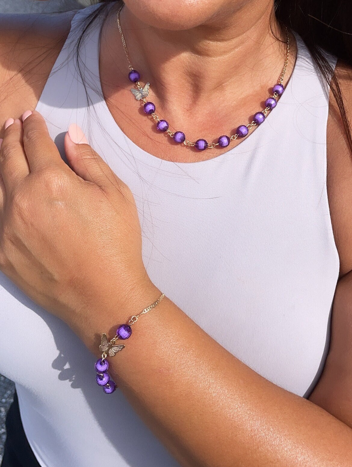 18k Gold Filled Dark Purple Glass Bead Butterfly Set of Bracelet And Necklace