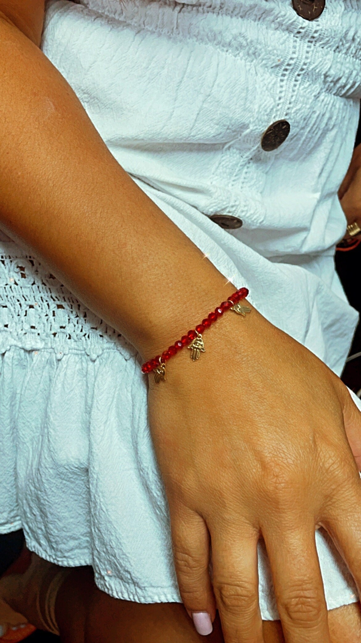 Slide Clasp 18k Gold Filled Colorful Beaded And Hamsa Charm Bracelet, Protection Adjustable Dainty Bracelet