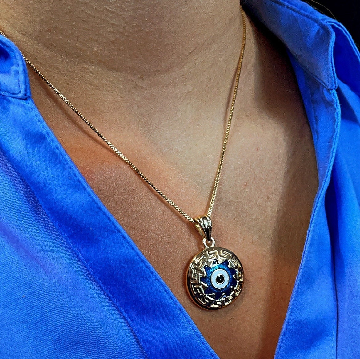 18k Gold Filled 20mm Protection Blue Evil Eye Charm Gold Pendant