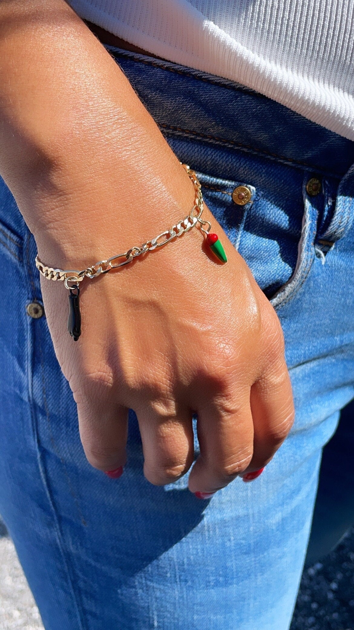 18k Gold Filled Figaro Charm Bracelet: Black Figa Hand & Chili Peppers