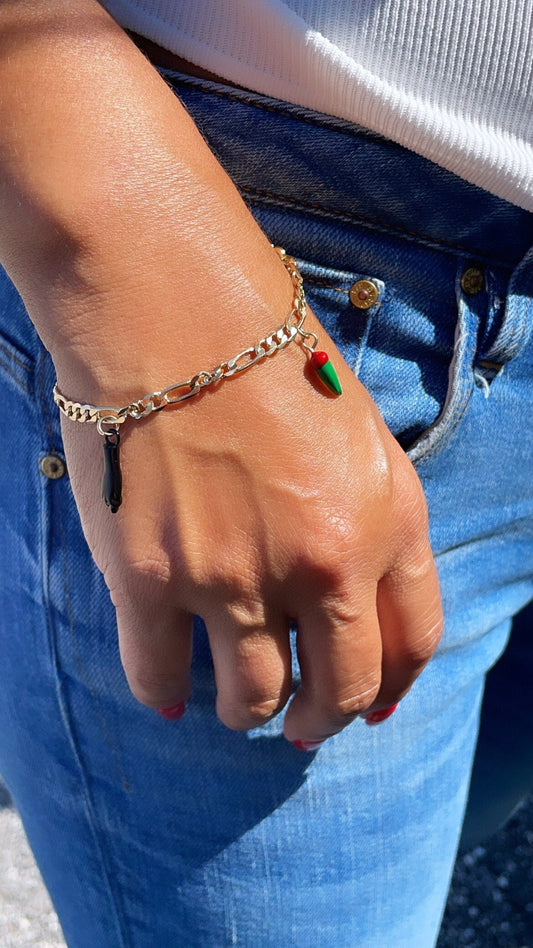 18k Gold Filled Figaro Charm Bracelet: Black Figa Hand & Chili Peppers