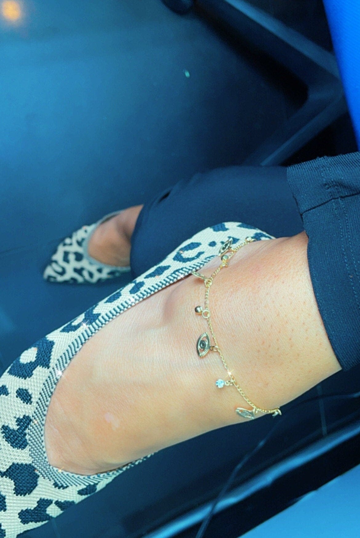 18k Gold Filled Plain Evil Eye Charms and Cubic Zirconia Hanging in a Figaro Chain Anklet