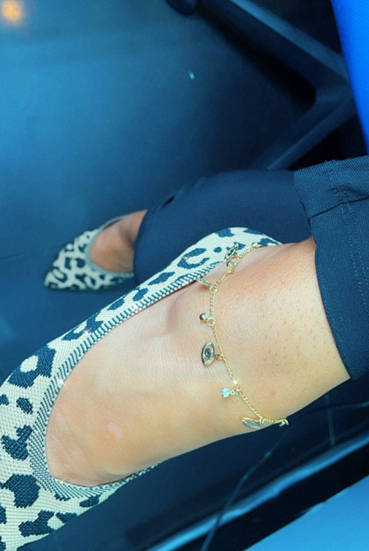 18k Gold Filled Plain Evil Eye Charms and Cubic Zirconia Hanging in a Figaro Chain Anklet