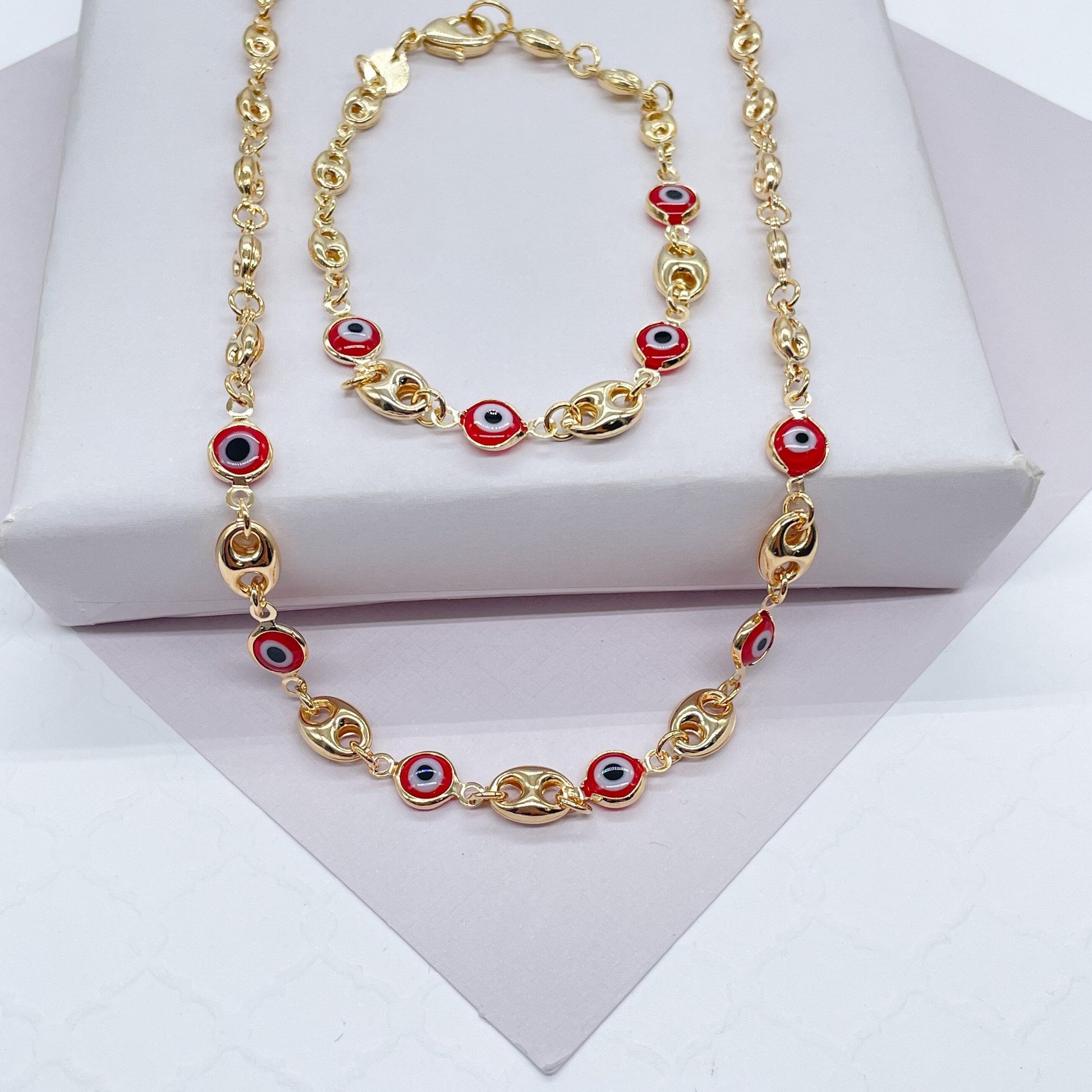 18k Gold Filled Mariner Link Mixed Blue & / or Red Eye Bracelet And Necklace Set