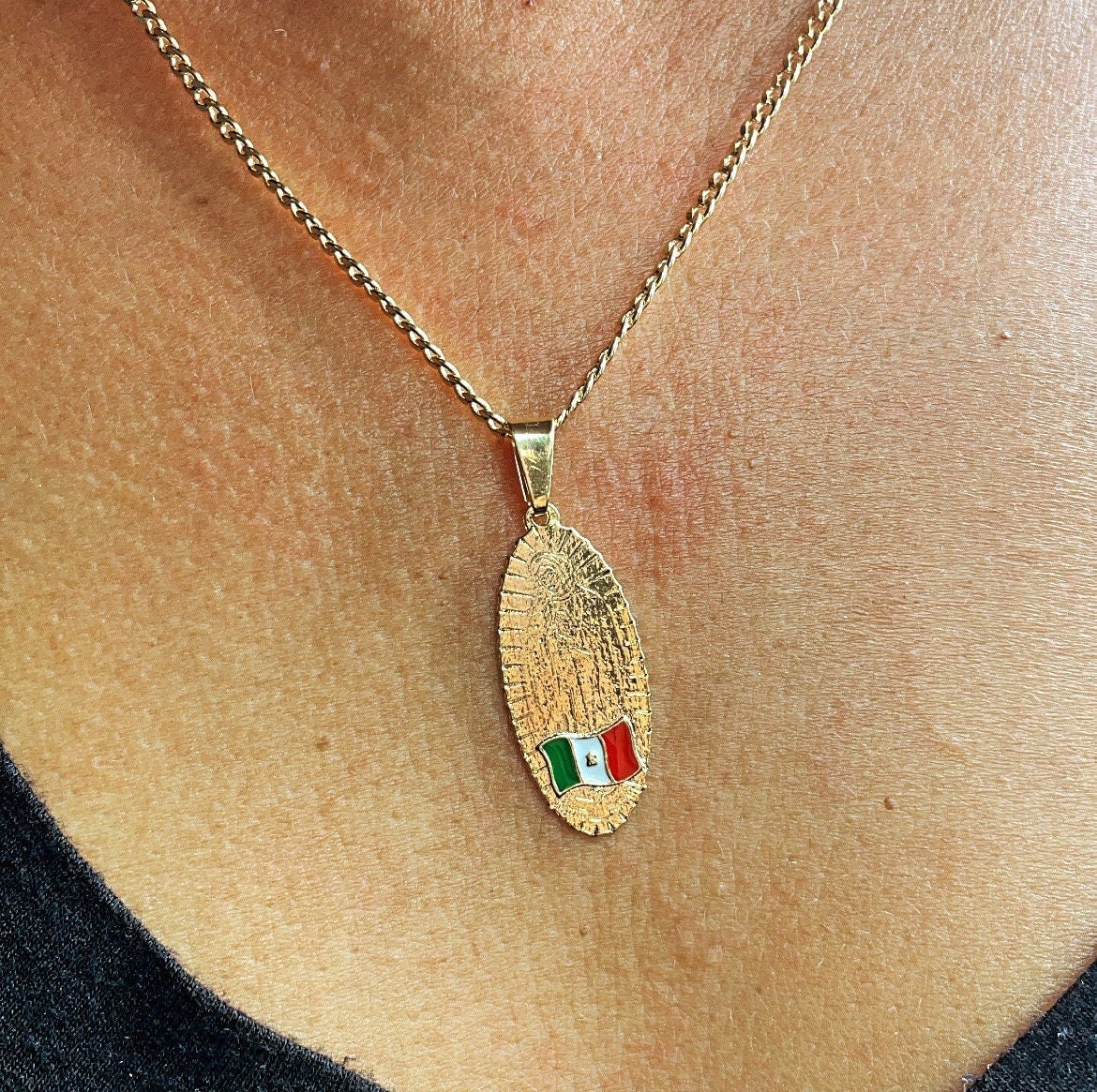 18k Gold Filled Oval Shaped Our Lady of Guadalupe Pendant Featuring Mexican Flag Supplies