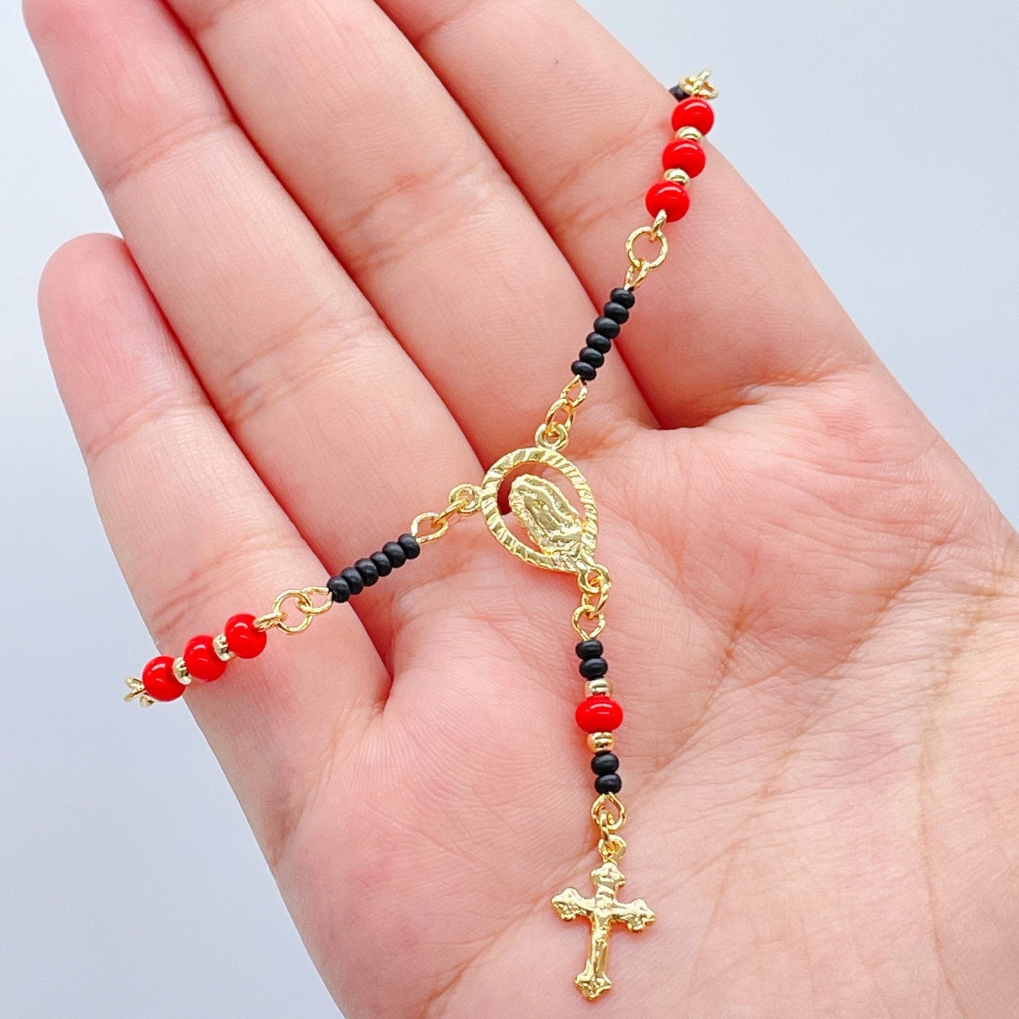 18k Gold Filled Protection Beaded Rosary Bracelet Featuring Our Lady of Guadalupe With Crucifix Cross