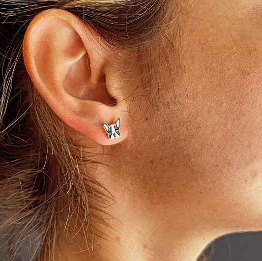 18k Gold Filled Enamel French Bulldog Face Stud Earrings Colored Black White