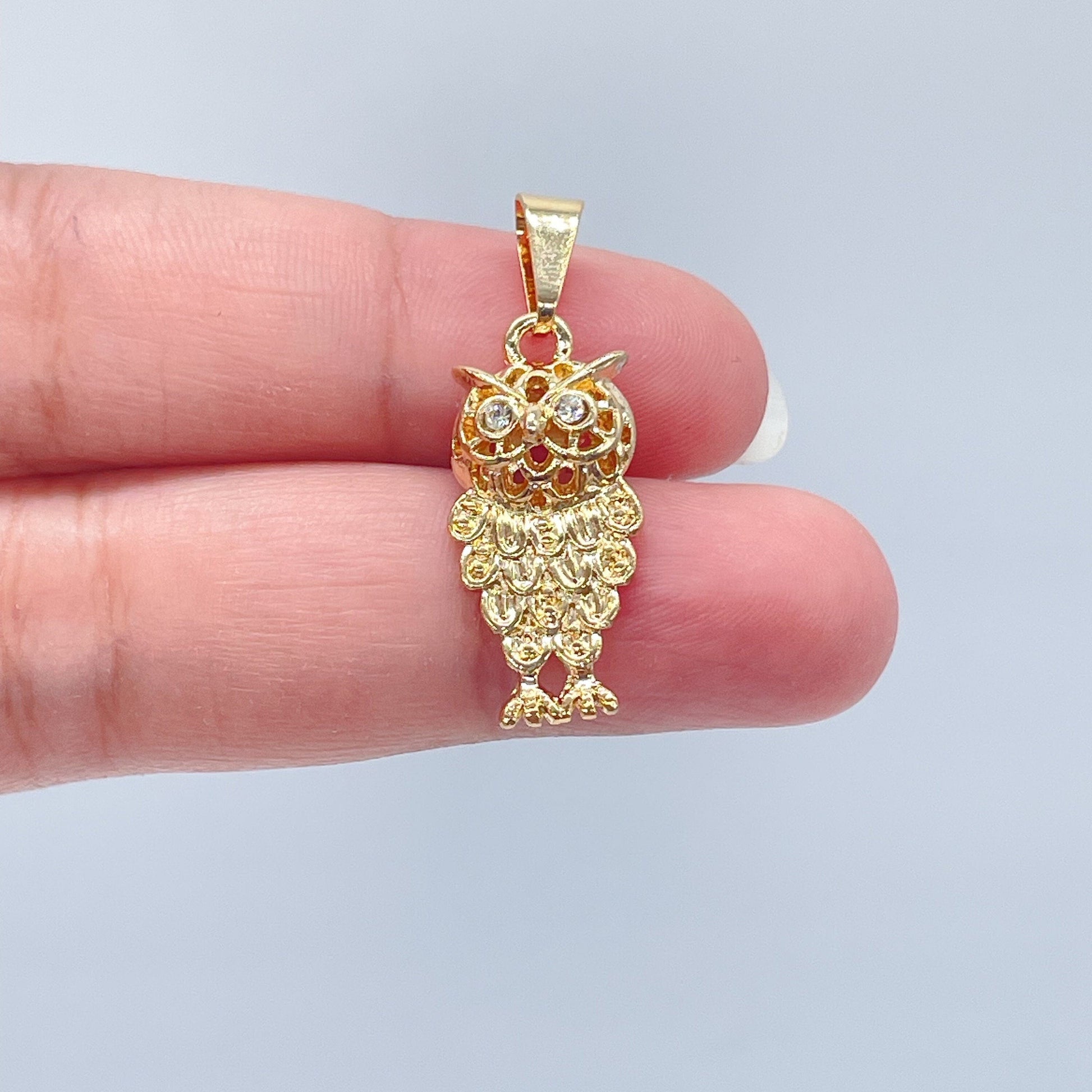 18k Gold Filled Owl Charm Featuring Cubic Zirconia Eyes For Wholesale And