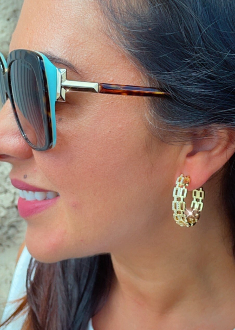 18k Gold Filled Chain Link Hoop Earrings Featuring Cubic Zirconia, Dainty Curb