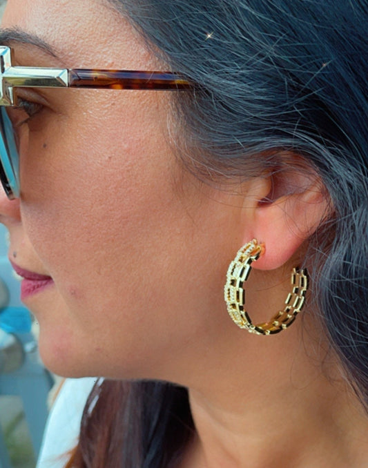 18k Gold Filled Chain Link Hoop Earrings with Cubic Zirconia