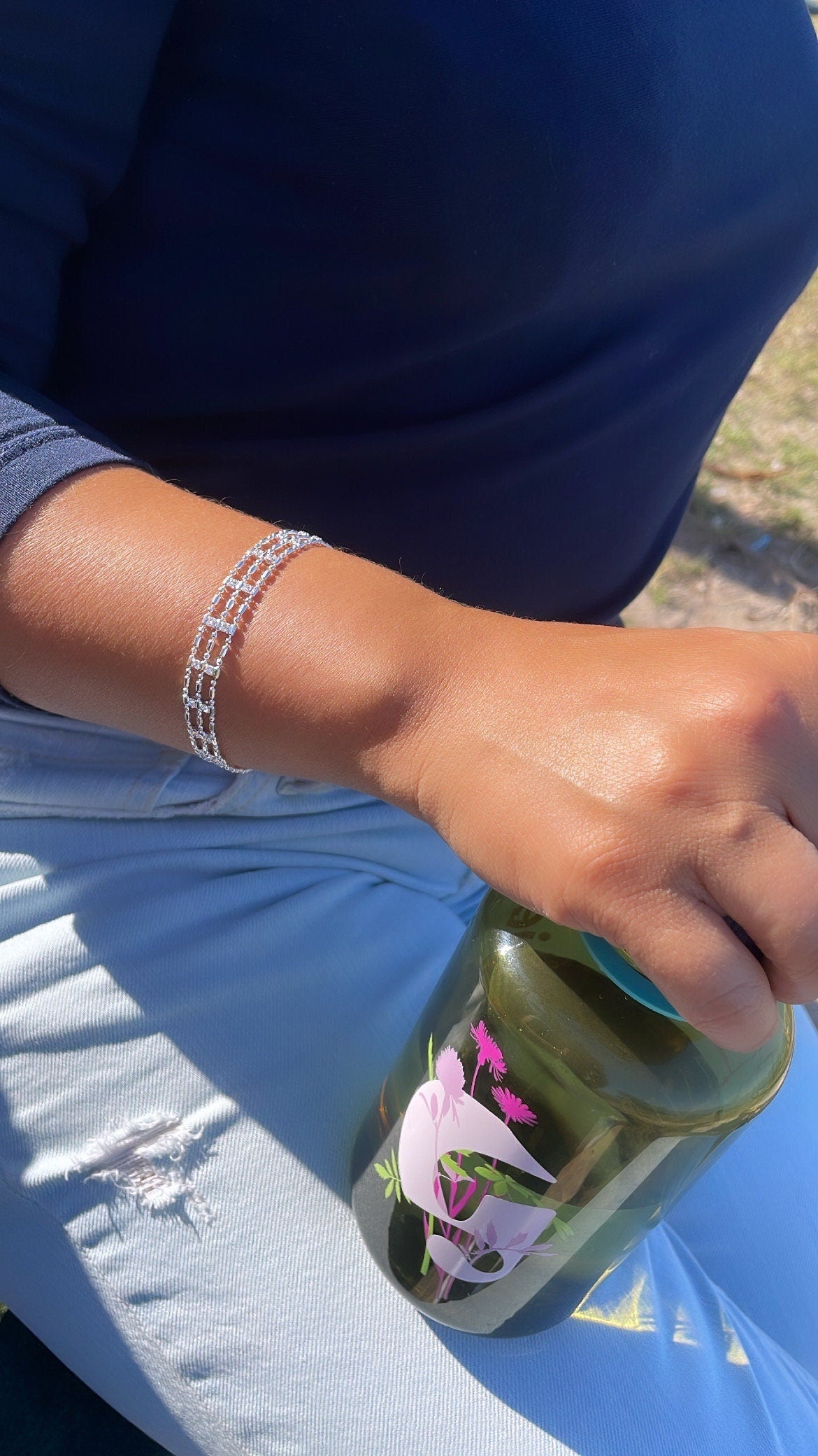 18k Silver Filled Silver 3 layered Dash & Dot Bracelet Patterned With Zirconia Stones