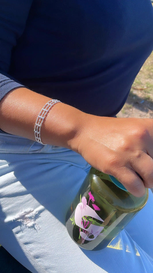 18k Silver Filled Silver 3 layered Dash & Dot Bracelet Patterned With Zirconia Stones