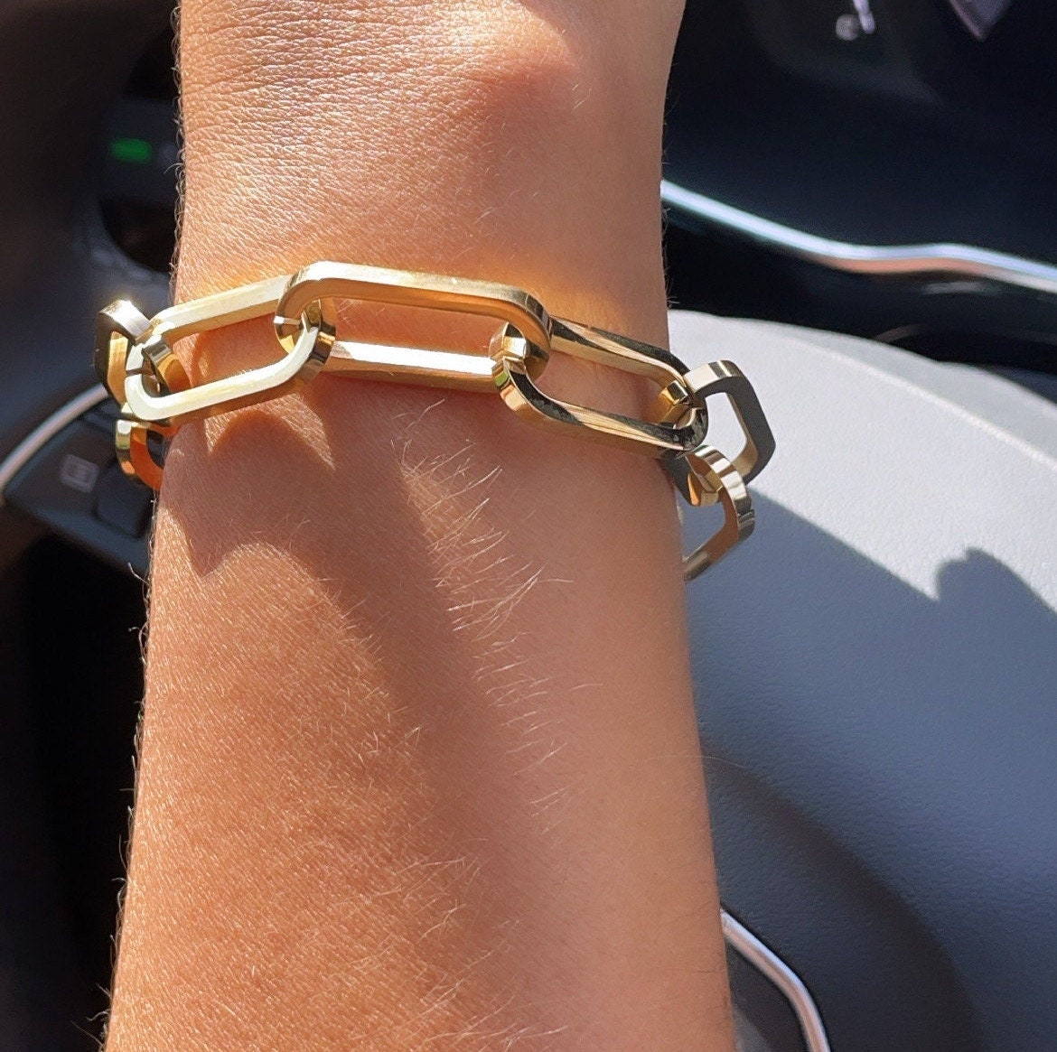 18K Gold Filled Large Paper Clip Style Link Bracelet, Chunk Link Bracelet