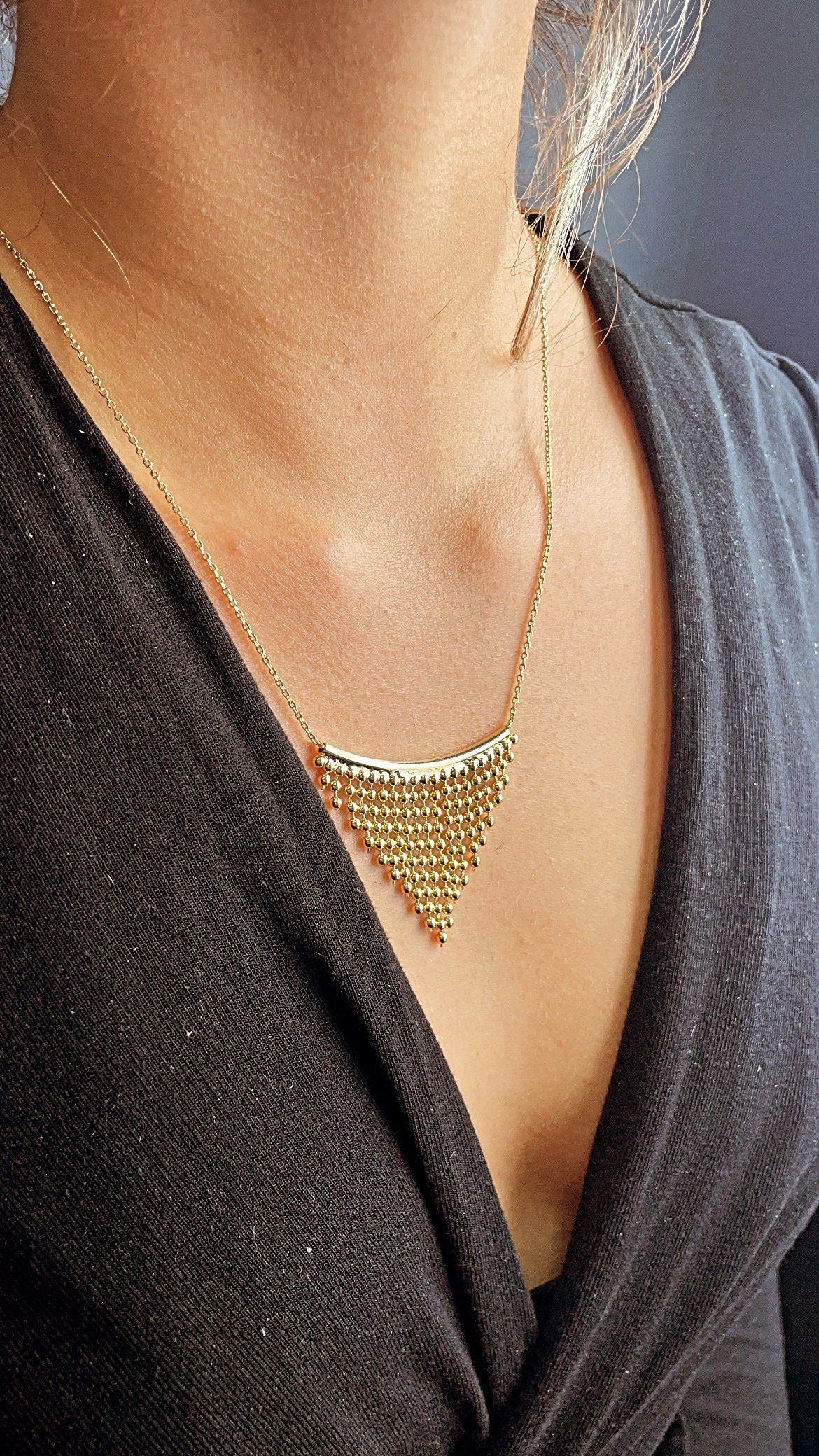 18k Gold Filled Boho Chain Necklace Fringe Dangling Beads, Mesh Inverted Gold Triangle, ,