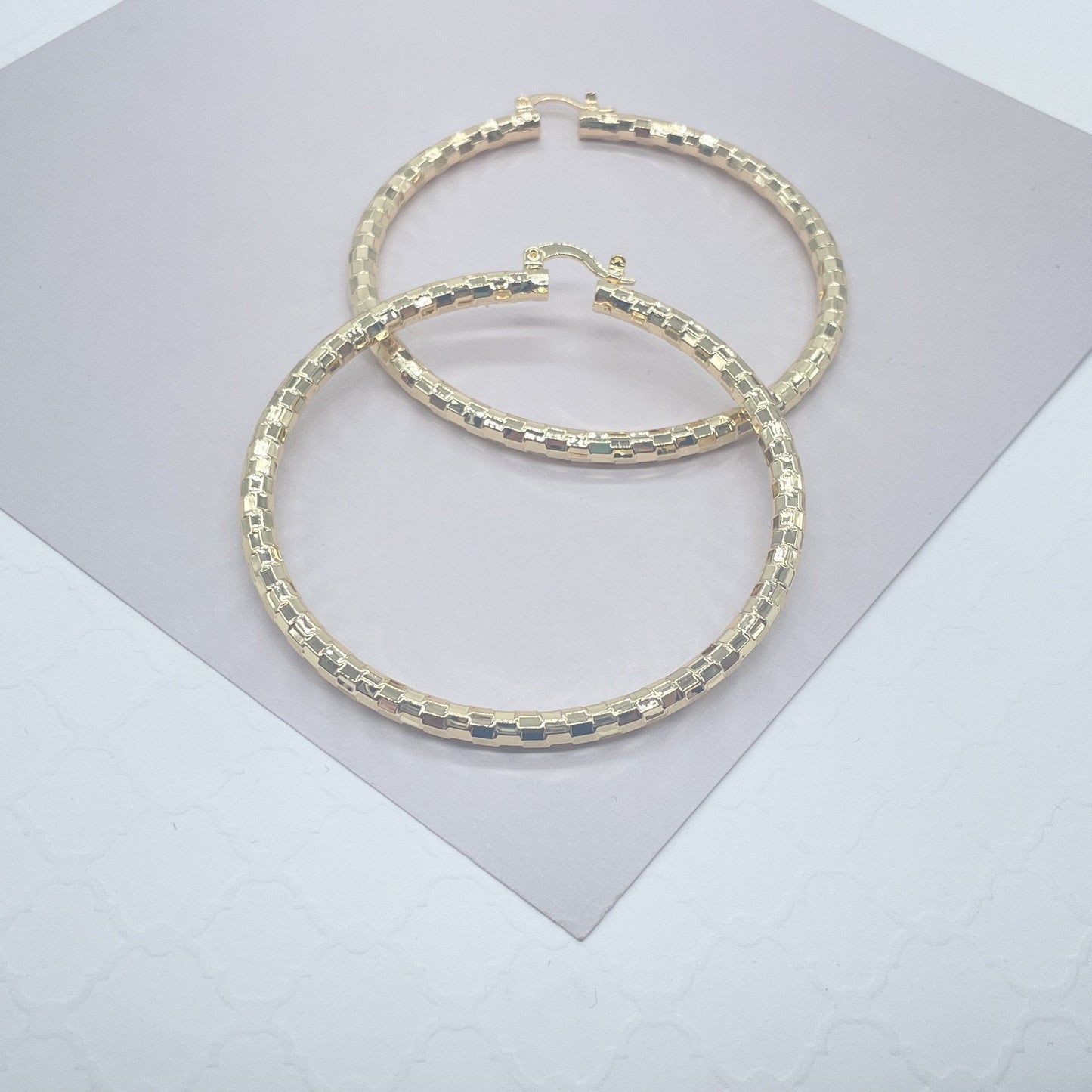 18k Gold Filled Squared Textured Round Hoops
